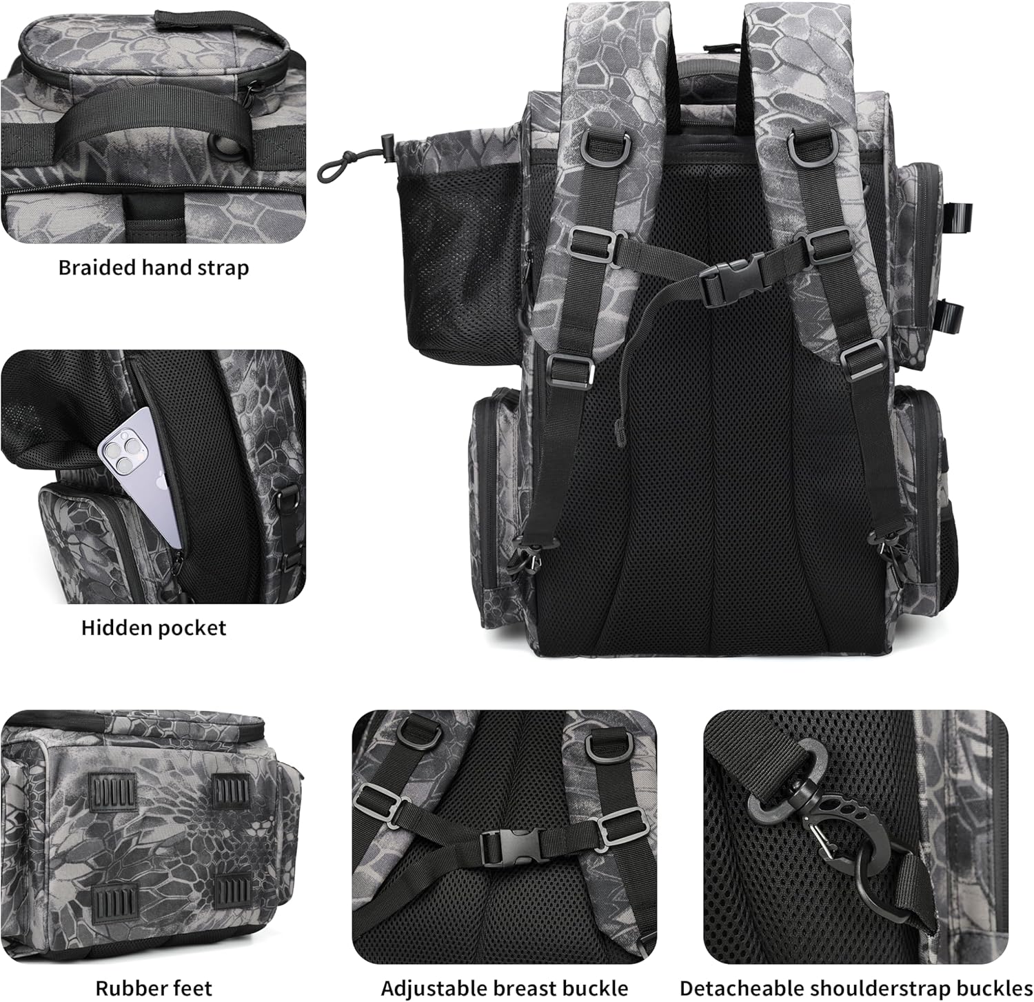 Rabjen Fishing Tackle Backpack with Rod Holders, Bottle Holder, Storage Bag Store Fishing Gear - Image 5